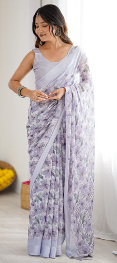 Purple and Violet color Saree in Satin Silk fabric with Floral, Printed work