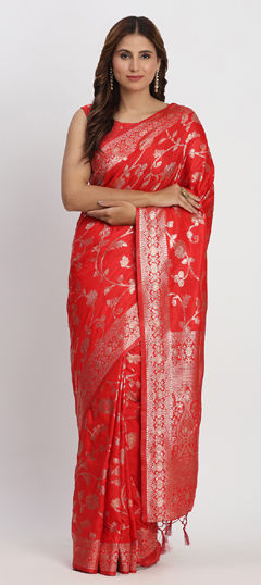 Red and Maroon color Saree in Banarasi Silk fabric with Weaving work