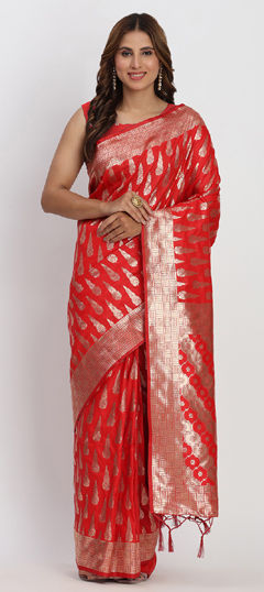 Red and Maroon color Saree in Banarasi Silk fabric with Weaving work