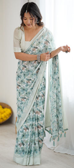 Green color Saree in Satin Silk fabric with Floral, Printed work