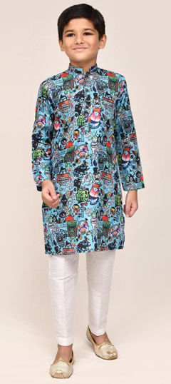 Blue color Boys Kurta Pyjama in Cotton, Linen fabric with Digital Print work
