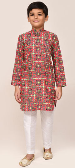 Red and Maroon color Boys Kurta Pyjama in Cotton fabric with Printed work