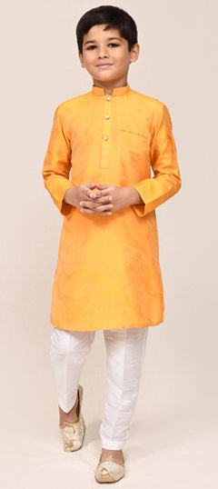 Yellow color Boys Kurta Pyjama in Silk fabric with Digital Print work
