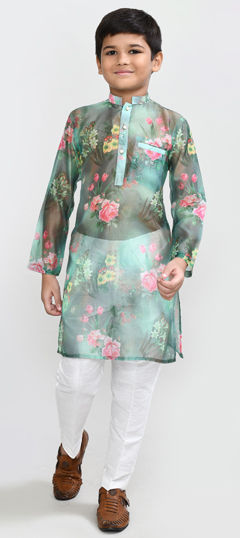 Green color Boys Kurta Pyjama in Georgette fabric with Digital Print work