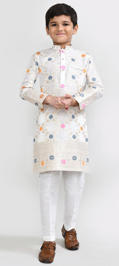 White and Off White color Boys Kurta Pyjama in Silk fabric with Weaving work
