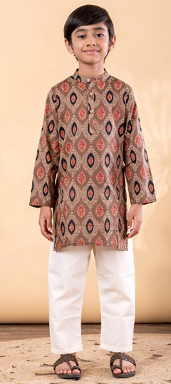 Beige and Brown color Boys Kurta Pyjama in Cotton fabric with Printed work
