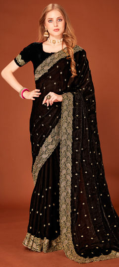 Black and Grey color Saree in Tissue fabric with Embroidered, Swarovski, Thread, Zari work