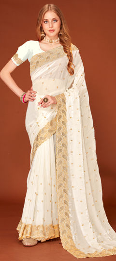 White and Off White color Saree in Tissue fabric with Embroidered, Swarovski, Thread, Zari work