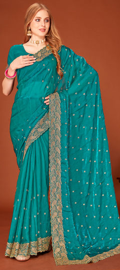 Blue color Saree in Tissue fabric with Embroidered, Swarovski, Thread, Zari work