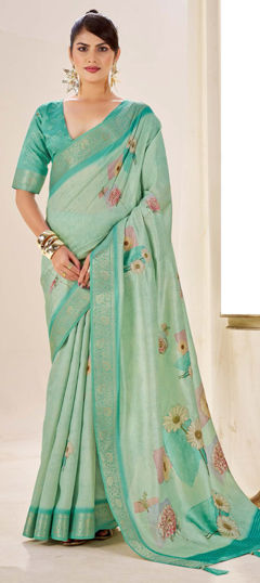 Blue color Saree in Silk fabric with Digital Print, Floral, Weaving work