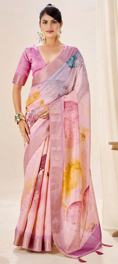 Pink and Majenta color Saree in Silk fabric with Digital Print, Weaving work