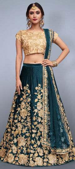 Blue color Lehenga in Velvet fabric with Embroidered, Sequence, Thread, Zari work