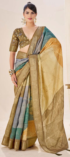 Multicolor color Saree in Silk fabric with Digital Print, Weaving work