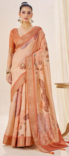 Beige and Brown color Saree in Silk fabric with Digital Print, Weaving work