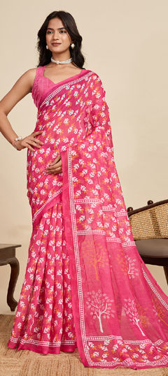 Pink and Majenta color Saree in Linen fabric with Digital Print, Printed, Weaving work