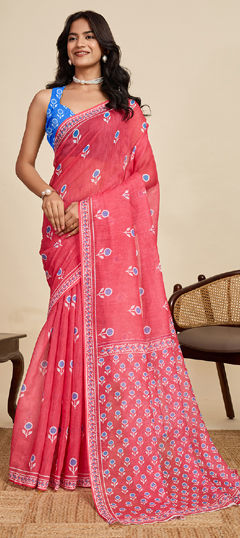 Red and Maroon color Saree in Linen fabric with Digital Print, Printed, Weaving work