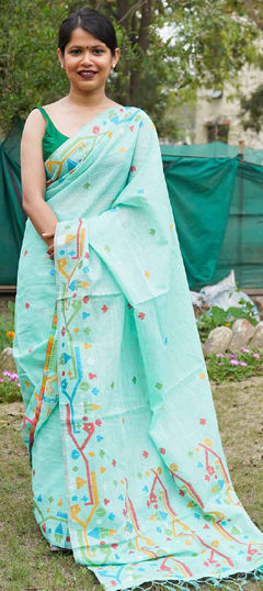 Blue color Saree in Linen fabric with Printed work
