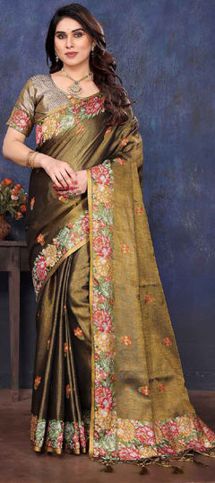 Gold color Saree in Tissue fabric with Floral, Printed work