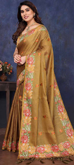 Gold color Saree in Tissue fabric with Floral, Printed work