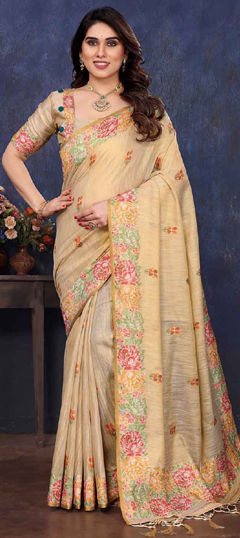 Beige and Brown color Saree in Tissue fabric with Floral, Printed work