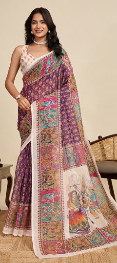 Purple and Violet color Saree in Linen fabric with Digital Print, Weaving work