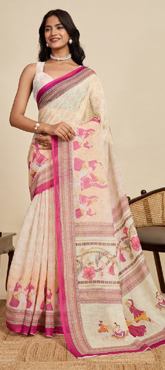 White and Off White color Saree in Linen fabric with Digital Print, Weaving work