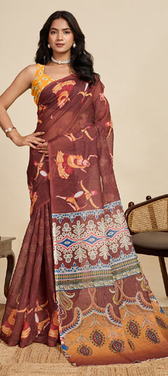 Beige and Brown color Saree in Linen fabric with Digital Print, Weaving work