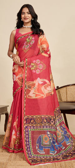 Red and Maroon color Saree in Linen fabric with Digital Print, Weaving work