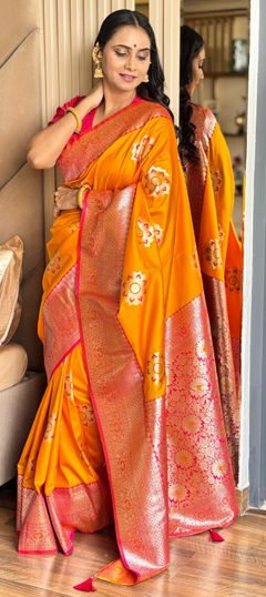 Orange color Saree in Banarasi Silk fabric with Weaving work