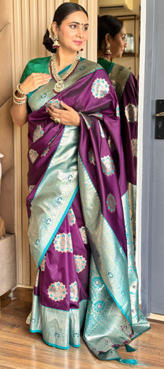 Purple and Violet color Saree in Banarasi Silk fabric with Weaving work
