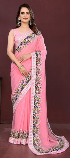 Pink and Majenta color Saree in Georgette fabric with Embroidered, Lace, Thread work