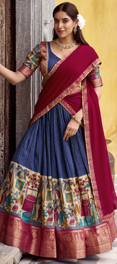 Blue color Lehenga in Chanderi Silk fabric with Printed, Weaving work