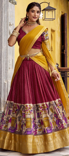 Red and Maroon color Lehenga in Chanderi Silk fabric with Printed, Weaving work