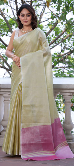 Green color Saree in Tussar Silk fabric with Thread work