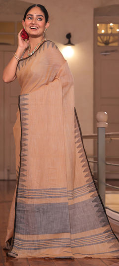 Beige and Brown color Saree in Cotton fabric with Thread work