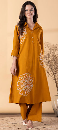 Yellow color Salwar Kameez in Cotton fabric with Embroidered, Resham, Thread work