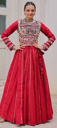 Red and Maroon color Ready to Wear Lehenga in Roman Silk fabric with Embroidered, Sequence, Thread work