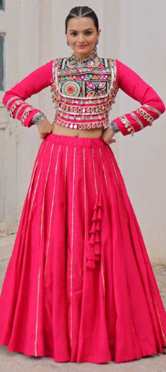 Pink and Majenta color Ready to Wear Lehenga in Roman Silk fabric with Embroidered, Sequence, Thread work