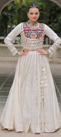 White and Off White color Ready to Wear Lehenga in Roman Silk fabric with Embroidered, Sequence, Thread work