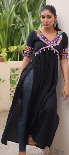 Black and Grey color Kurti in Rayon fabric with Embroidered, Thread work