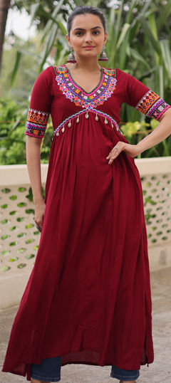 Red and Maroon color Kurti in Rayon fabric with Embroidered, Thread work