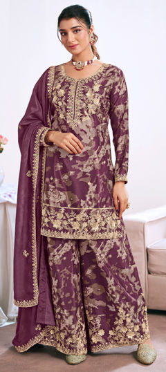 Purple and Violet color Salwar Kameez in Chinon Silk fabric with Embroidered, Sequence, Thread work