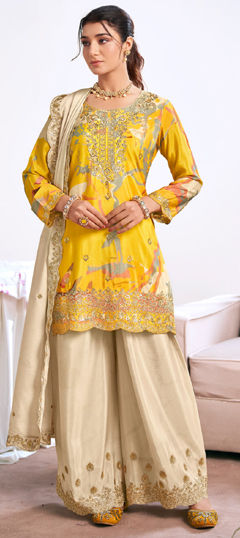 Yellow color Salwar Kameez in Chinon Silk fabric with Embroidered, Sequence, Thread work