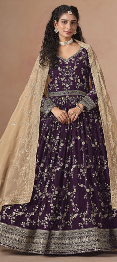 Purple and Violet color Gown in Faux Georgette fabric with Embroidered, Sequence, Thread work