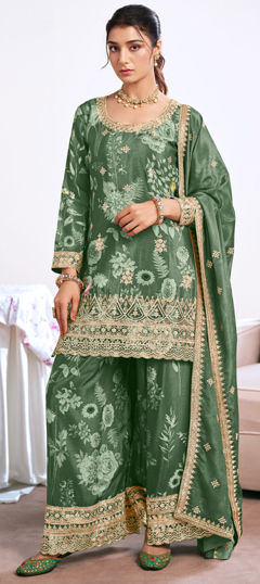 Green color Salwar Kameez in Chinon Silk fabric with Embroidered, Sequence, Thread work
