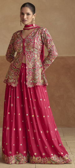 Pink and Majenta color Salwar Kameez in Chinon Silk fabric with Embroidered, Sequence, Thread work