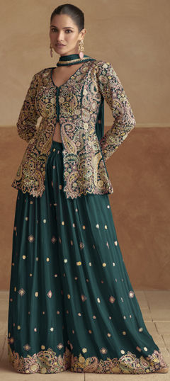 Green color Salwar Kameez in Chinon Silk fabric with Embroidered, Sequence, Thread work