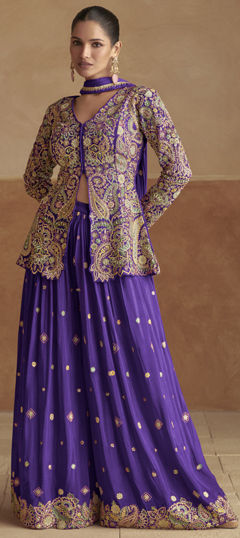 Purple and Violet color Salwar Kameez in Chinon Silk fabric with Embroidered, Sequence, Thread work
