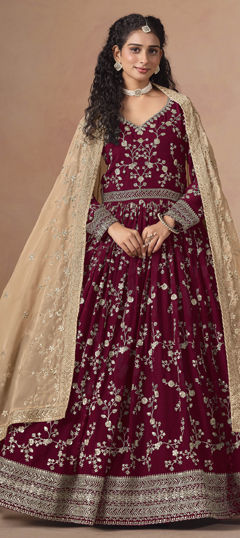 Red and Maroon color Gown in Faux Georgette fabric with Embroidered, Sequence, Thread work