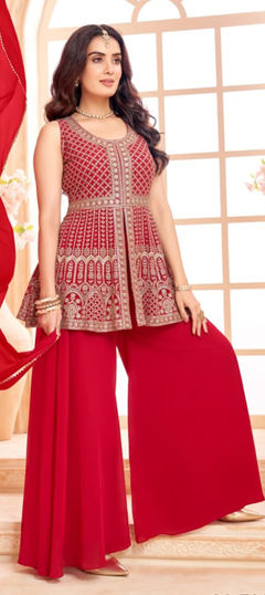 Red and Maroon color Salwar Kameez in Georgette fabric with Embroidered, Sequence work